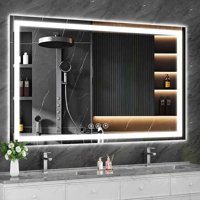 Koonmi 60"x36" LED Mirror for Bathroom, 90CRI Anti-Fog Vanity Mirror with Front and Backlight, Shatter-Proof Wall Mirror with Light, Easy Install Lighted Mirror for Modern Bathroom (IP65)