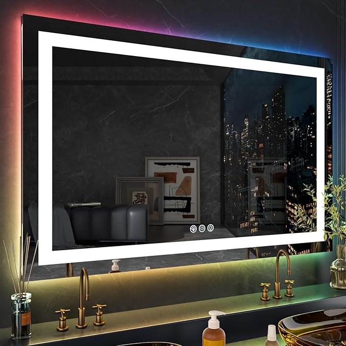 LOAAO 60X28 RGB LED Bathroom Mirror with Lights, Large, Anti-Fog, Dimmable Lighted Bathroom Vanity Mirror, Colorful Multiple Light Modes, RGB Backlit + Front Light, Memory Function