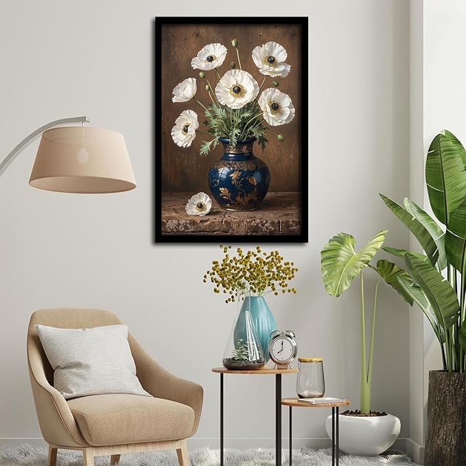 Vintage white poppy flowers canvas painting ornate blue vase gold floral pattern rustic textured wood background ruffled petals green leaves vertical composition botanical wall art home decor