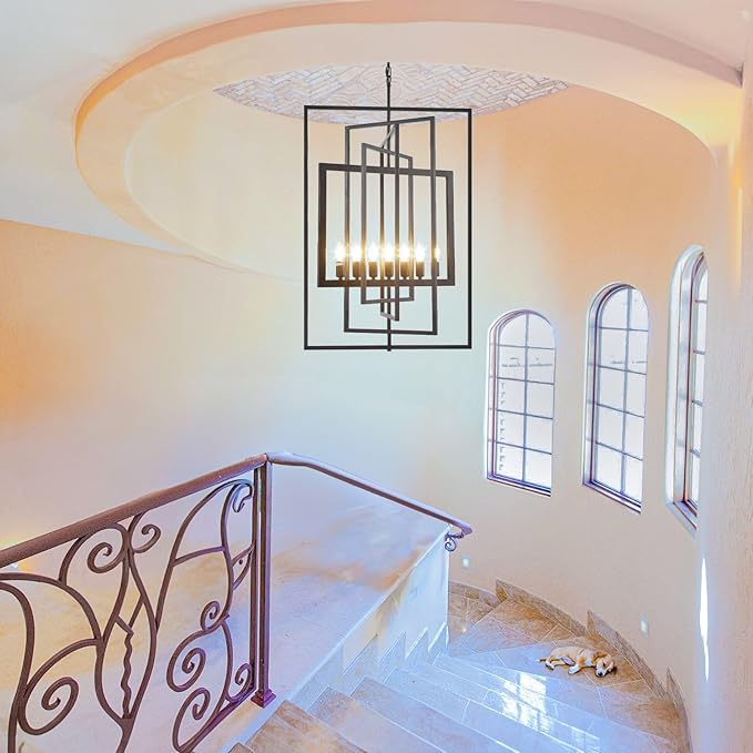 Black Farmhouse Chandelier, 7-Light Lantern Pendant Light Fixtures, Rustic Industrial Foyer Lighting Fixtures, Large Chandeliers for High Ceilings, for Dining Room, Kitchen Island, Staircase, Entryway