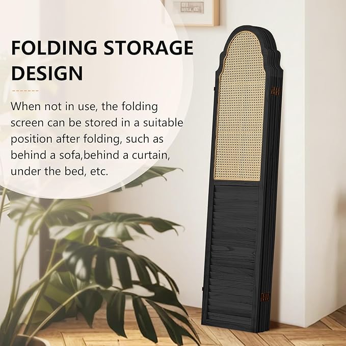 4 Panel Rattan Room Divider, 6 FT Tall Portable Partition Solid Wood Frame Folding Privacy Screen, Partition Room Divider Ideal for Bedroom Living Room Office, Black