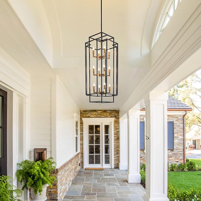 12-Light Kitchen Island Lighting, Modern Farmhouse Dining Room Light Fixtures Over Table, Black and Gold Chandelier for Dining Room, Living Room, Foyer, Entry, Staircase, Hallway
