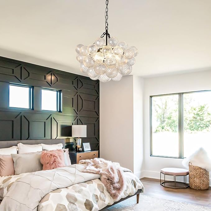 Nordic Bubble Ball Swirled Modern Chandelier,Dia 20 Inch Bubble Chandelier Lighting, Black and Clear Glass Chandelier,for Bedroom Study Restaurant