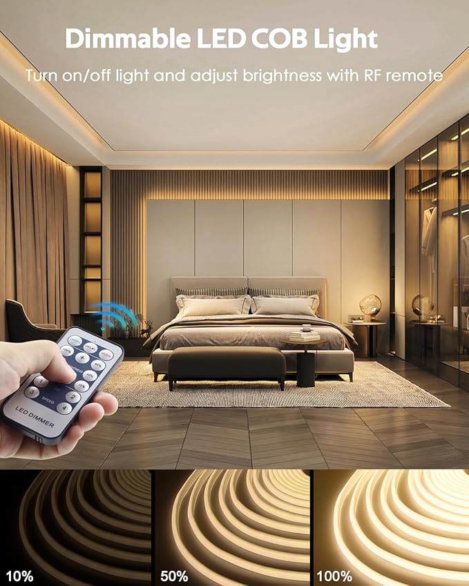 COB Outdoor LED Strip Lights Waterproof 50ft Dimmable LED Rope Light with Reomote AC 110V~120V Cuttable Flexible FCOB COB Light Strip Warm White 3000K for Building Garden Commerical Decor