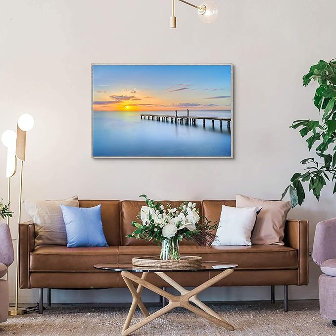 Canvas Wall Art Ocean Picture: Living Room Bedroom Large Seascape Sunset Framed Painting Sea Beach Scene Coastal Pier Print Artwork for Home Office 48 x 32 Inch