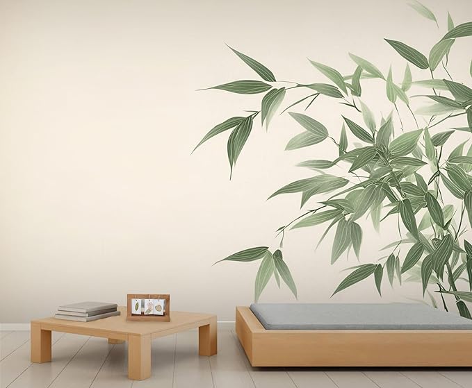 Chinese Mural Wallpaper, Green Bamboo Leaf Murals, Abstract 3D Landscape Murals Wallpaper for Living Room Bedroom Tv Background Wall Home Decor Mural (Not Peel Stick)