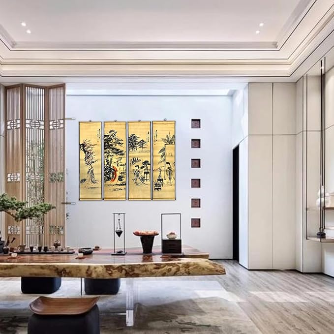 CIFIBIFUN Wall Asia Art Prints Posters Painting Chinese Vintage Style,4 Panels Scroll,Large Home Walls Dream of the Red Chamber (Light Old Aging Paper, a four beauty)