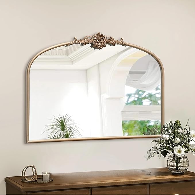 Arched Vintage Gold Mirror: 32"x24" Large Champagne Gold Antique Wall Mounted Mirror - Baroque Traditional Ornate for Fireplace/Bathroom/Living Room - Christmas Idea Gifts for Women