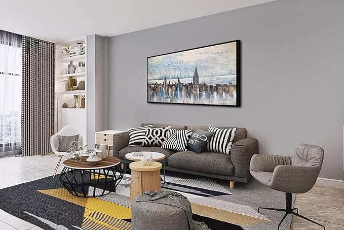 Arjun Cityscape Wall Art New York City Buildings Picture Modern Abstract Grey Skyline Birds NYC Painting Artwork for Bedroom Living Room Bathroom Home Office Decor, Large Size Black Framed 48"x24"