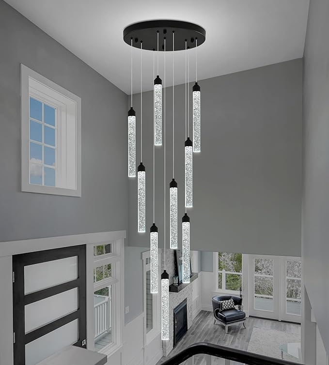 9-Lights High Ceiling Crystal Staircase Chandelier Black Pendant Lights Modern Spiral Raindrop Dimmable LED Bubble Cluster Ceiling Hanging Lighting Fixture for Foyer Living Room Remote Control