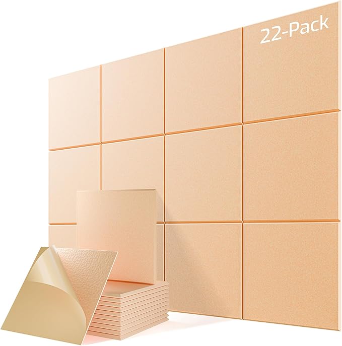 22 Pack Self-Adhesive Acoustic Panels, 12" X 12" X 0.4" High-Density Sound Proof Foam Panels for Walls, Soundproof Wall Panels for Home & Office (Apricot Pink)