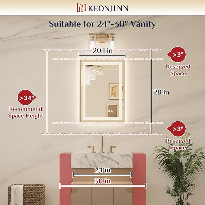 Keonjinn 20 x 28 Inch Brushed Nickel LED Bathroom Vanity Mirror, Frontlit & Backlit Lighted Bathroom Mirrors, UL Listed LED Driver, Tempered Glass, Beveled Framed, 3 Color Lights, Anit-Fog, Dimmable