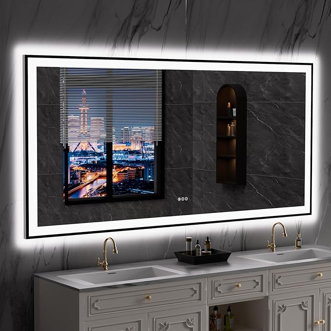 LOAAO 84"X32" LED Bathroom Mirror Black Framed, Anti-Fog, Dimmable, Lighted Bathroom Vanity Mirror for Wall, Memory Function, Tempered Glass