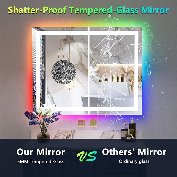40x32 Inch RGB LED Bathroom Mirror Front Light and RGB Backlit Lighted Vanity Mirror for Bathroom Wall Mounted Dimmable Anti Fog Memory Shatter-Proof IP54 Waterproof Horizontal/Vertical