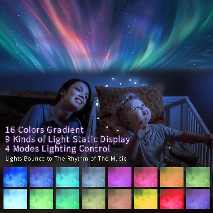 Ocean Wave Cordless Projector Light with 16 Color Effects, Night Lights LED Aurora Projector,Built-in Bluetooth Speaker,Remote Control,Bedroom, Party, Gift