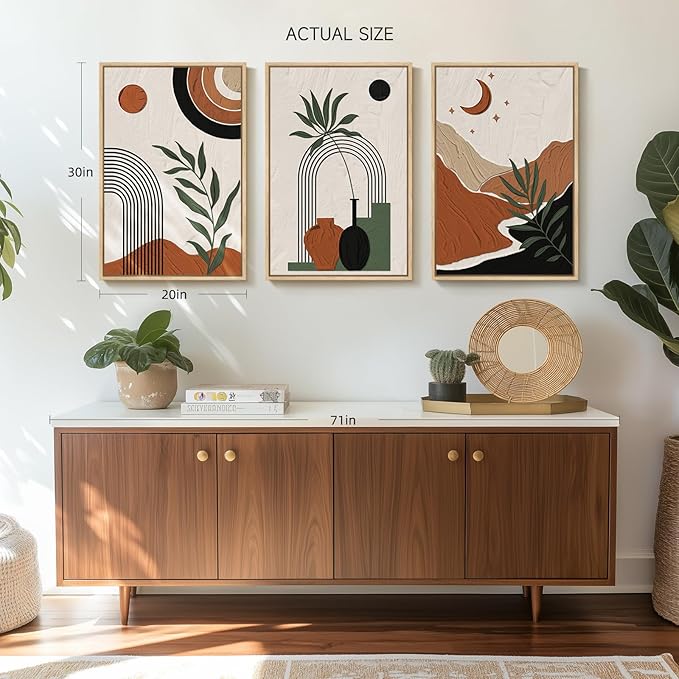 Boho Framed Canvas Wall Art, 3 Pieces Beige Black Orange Abstract Geometric Prints, Boho Wall Hanging Pictures for Living Room, Hallway, Office - Total 30x60 Inch