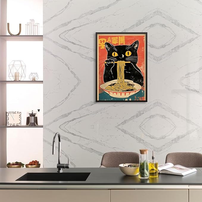 Black Framed Canvas Wall Art Posters Vintage Funny Black Cat Eating Ramen Unique Kitchen Decor Artwork Japanese Prints for dining Room Bedroom or Living Room Decoration 11x14 inch