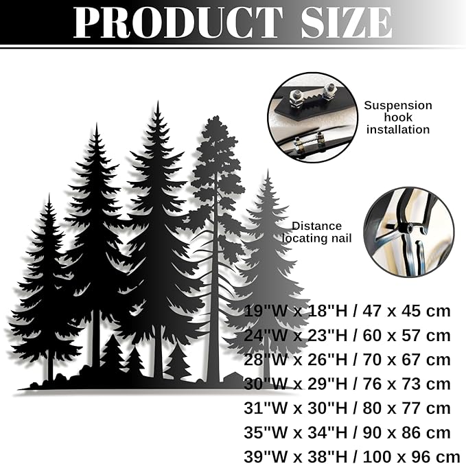 lunwall Metal Pine Tree Wall Art, Metal Forest Wall Art, Pine Branch Wall Decor, Christmas Tree Wall Decor, Forest Wall Hanging, Nature Lover Gift (Style 8, 28" W x 26" H / 70 x 67 cm)