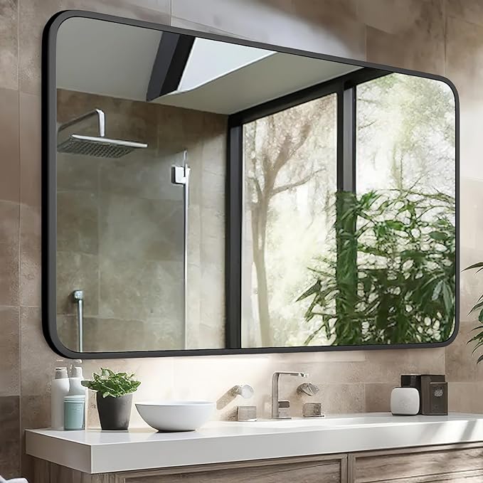Black Bathroom Mirror 22×30 Inch Rounded Rectangle Bathroom Mirrors for Over Sink Metal Framed Bathroom Vanity Mirrors for Wall Modern Decor for Bedroom, Hallway, Fireplace