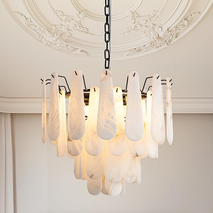 Alabaster Chandelier, D23.6in Modern Alabaster Round Dining Room Chandelier, 4-Tiers Luxury Natural Stone Ceiling Light Fixture, White Marble Chandeliers for Living Room Bedroom Foyer Entryway Kitchen