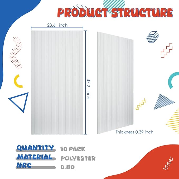 10 Pack Large Acoustic Panels,47.2" X 23.6" Acoustical Wall Panel,Self-Adhesive Sound Proof Panel for Office, Decorative Soundproof Wall Panels for Home Studio (White)