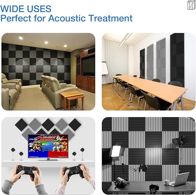 24 Pack Self-Adhesive Acoustic Panels - 2"X 12"X 12"Wall Panels - Quick-Recovery and High Density Sound Panels - Sound proof Acoustic Foam for Home Studio - Black and Gray