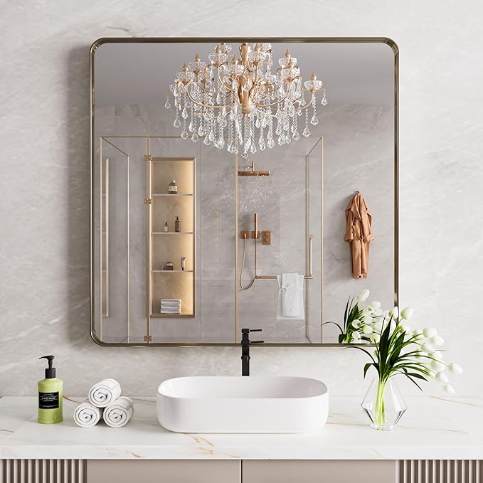 Bronze Bathroom Mirror 36x36 Inch, Brushed Bronze Metal Frame Mirror for Wall, Rounded Rectangle Bathroom Vanity Mirror with Tempered Glass, Anti-Rust, Horizontal/Vertical