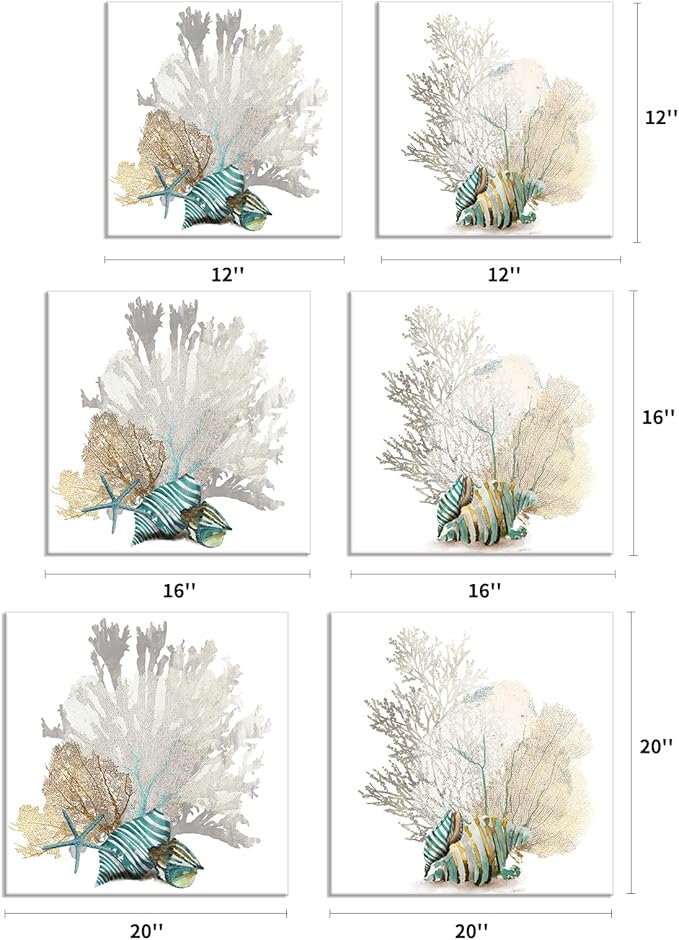 JAPO ART White Coral Wall Art Beach Bathroom Decor Sea Shell Pictures Coastal Wall Decor Sea Fan Nautical Painting Coral Pictures for Livingroom Bedroom Home Walls 16x16 x2pcs