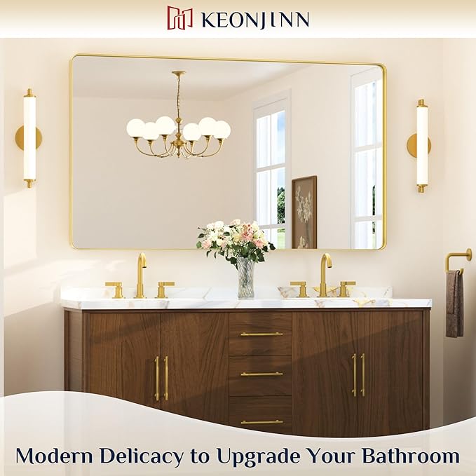 Keonjinn Gold Mirrors for Wall, 60” x 36” Large Brushed Brass Bathroom Mirrors for Over Sink, Rounded Rectangle Farmhouse Vanity Mirror, HD Tempered Glass Modern Decorative Mirror(Horizontal/Vertical)