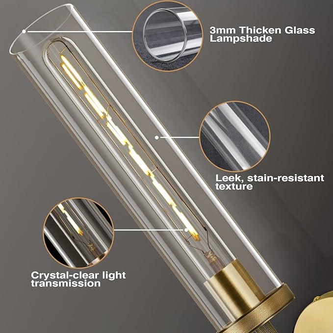 Brass Wall Sconces Set of Two, 19.48" Modern Wall Lighting with Clear Glass Tube, Bathroom Vanity Lights, Bronze Sconces Wall Lights for Bedroom, Living Room, Hallway, Staircase (Including Bulb)