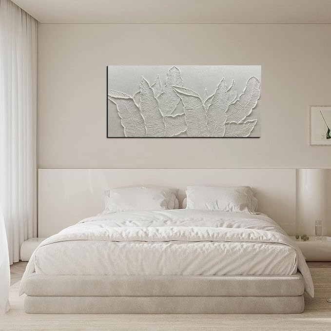Modern Tropical Palm Leaf Wall Art, 3D Textured Relief Panel, White