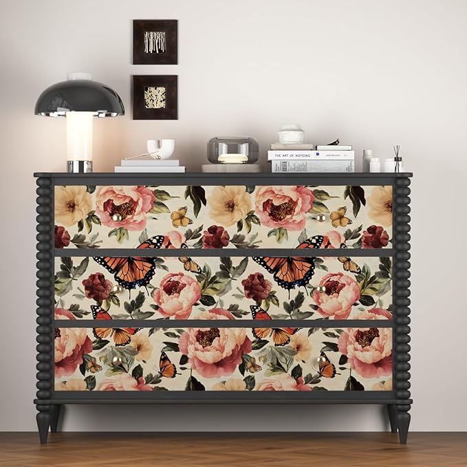 Beige Floral Wallpaper Vintage Butterfly Contact Paper Boho Leaf Wall Paper for Bathroom Shelf Liner Drawer Backsplash Retro Removable Waterproof Peel Stick 17.5 x 118In