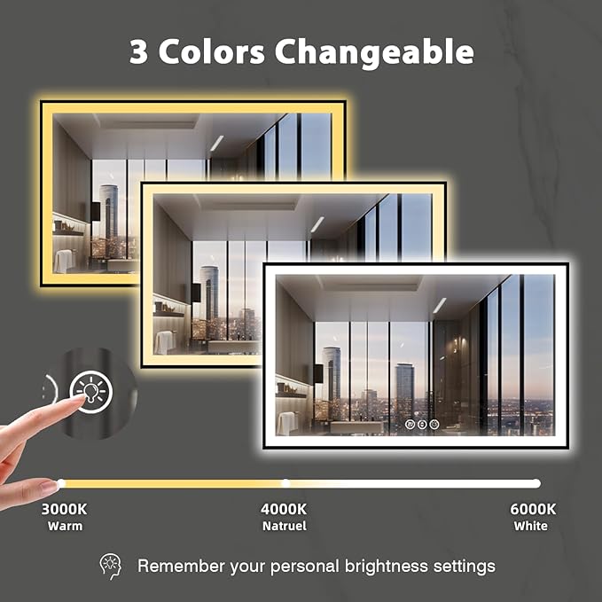 60x40 LED Mirror for Bathroom, Black Metal Framed, Vanity Mirror with Lights, 3 Color Modes, Dimmable CRI90+, Double Lights, Anti-Fog, Shatter-Proof, Waterproof, Memory (Horizontal/Vertical)