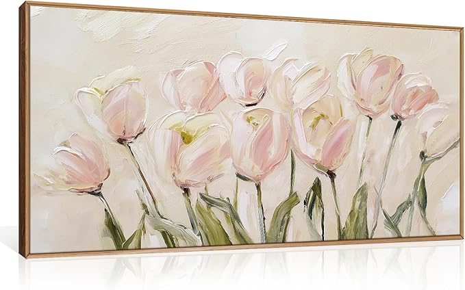 CHDITB Tulip Floral Framed Canvas Wall Art, 20"X40" Watercolor Flower Pink Tulip Textured Oil Painting, Modern Wildflower Wall Decor, Large Pink Floral Artwork for Living Room, Bedroom, Office