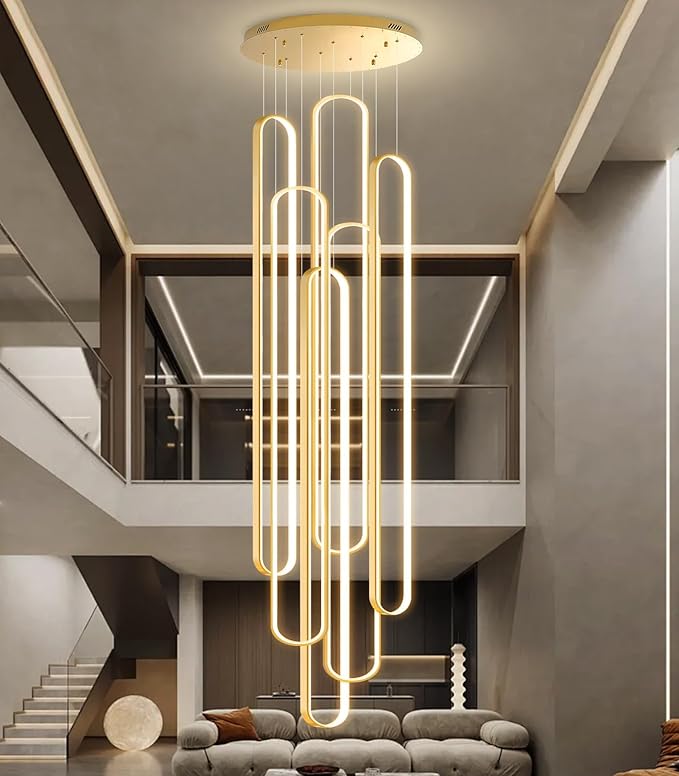 6 Rings Modern Large Chandelier for Staircase High Ceiling Chandelier LED Dimmable Black Chandeliers for Foyer Living Room Villa Gold