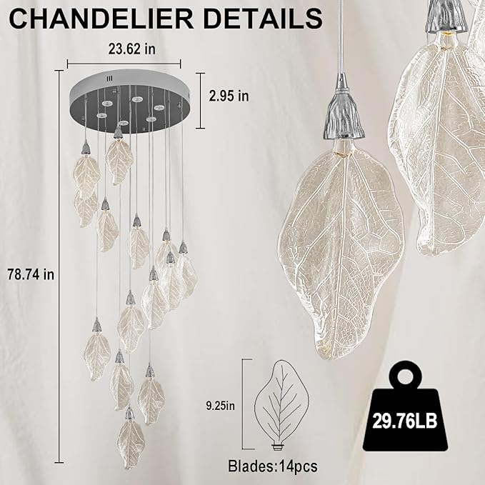 Large Chandeliers for High Ceilings, 20-Lights Modern LED Long Staircase Chandeliers, H78 Bionic Leaf High Ceiling Foyer Chandelier, Big Chandelier Light Fixture for Foyer Entryway-Silver