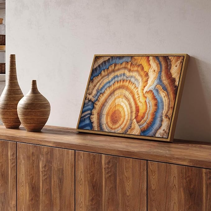 BingruiArt Framed Tree Ring Canvas Wall Art Abstract Wood Wall Decor Boho Modern Colorful Nature Painting Wood Stump Prints Pictures for Living Room Bedroom Bathroom Office 12"x16" Natural Framed(09)