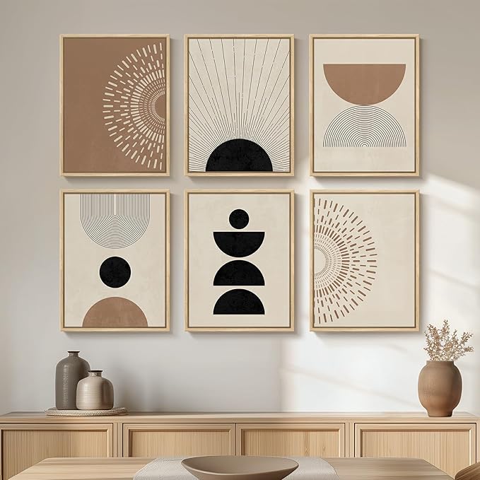 6 Piece Framed Boho Neutral Wall Art Set, Modern Abstract Geometric Canvas Painting Prints, Brown Black and Beige Minimalist Picture Artworks for Living Room Dining Room Bedroom 11x14 Inch