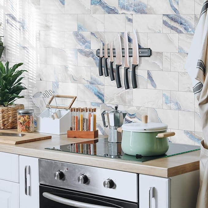 16-Pack Peel and Stick Marble Wall Tiles, Waterproof 4" x 8" Glossy Imitation Ice Blue Marble, PVC Shower Panels for Kitchen, Bathroom, and Fireplace