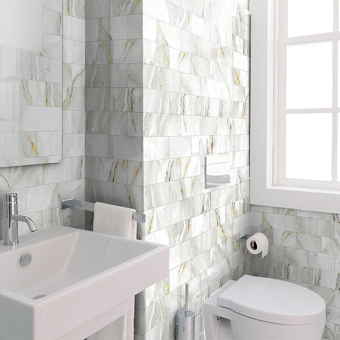 64-Pack Peel and Stick Backsplash Marble Wall Tiles, Waterproof 4" x 8" Glossy Imitation White Gold Marble, PVC Shower Wall Panels for Interior Wall Decor; Tile for Kitchen, Bathroom, and Fireplace