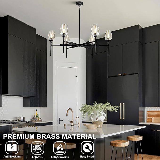 Modern Crystal Chandelier 6 Lights Black, 42in Black Round K9 Crystal Tulip Chandelier, Pendant Ceiling Light for Dining Living Room Bedroom Entryway Over Table, E12 Bulbs Included