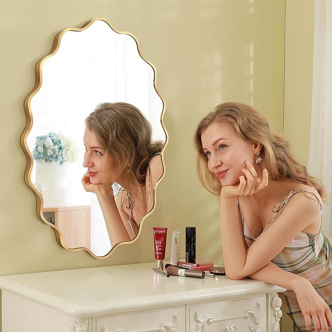 Oval Wavy Mirror - Irregular Wall Mirror 24"x36" Gold Asymmetrical Aviation Aluminum Alloy Frame for Bathroom, Bedroom, Living Room, Cloakroom, Entryway