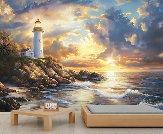 Coastal Mural Wallpaper, Ocean Lighthouse Murals, 3D Sunset Ocean Murals Wallpaper for Living Room Bedroom Home Decor Mural - 59" W x 39.11" H (Not Peel Stick)