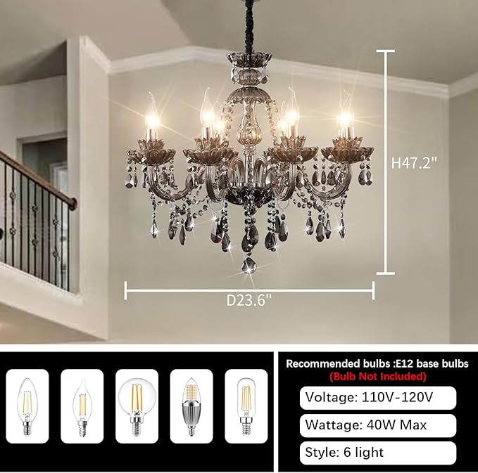 Luxurious Smoky Gray Crystal Chandelier for Living Room, Antique 6-Lights Teardrop Candle Chandelier Pendant Ceiling Lighting Fixture for Kitchen Dinner Party Closet Entryway of CRYSTOP