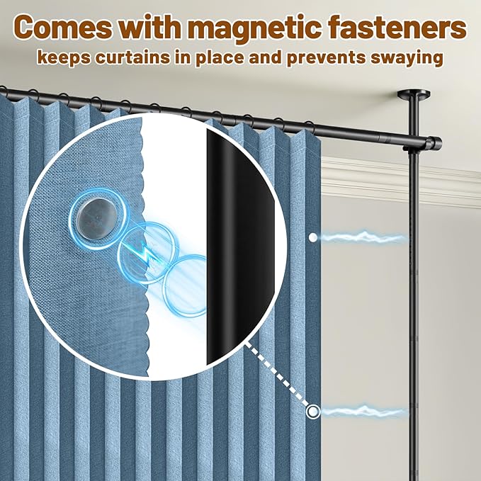 AJAZZ Room Divider Curtain (Blue, W100 x L96 in, 1 Panel)+ Tension Curtain Rod No Drilling (H) 43-120×(W) 35-100 in, for Privacy/Soundproof Curtains, Heavy Duty Wall Separator