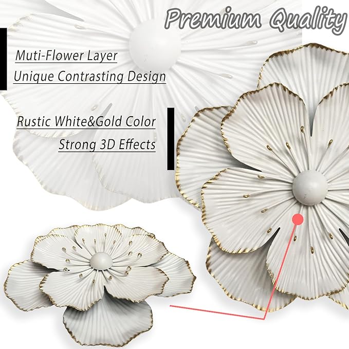 Metal Flower Wall Art Decor, 9" Rustic Modern Floral Sculpture, Distressed Iron Wall Hanging Home Decoration Accent Artworks for Indoor Kitchen Bedroom Living Office Outdoor Garden Patio (35B-White)