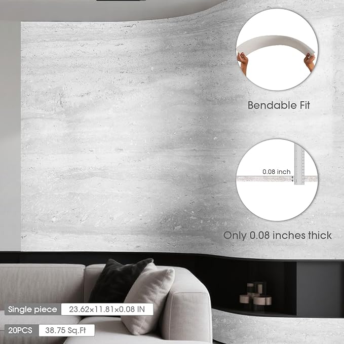 Natural Flexible Soft Stone Wall Panel, 20-Pack, 37.75 Sq Ft Coverage, Flexible & Bendable Exterior Wall Panels - Textured Stone Siding for Interior & Outdoor Use - Gray