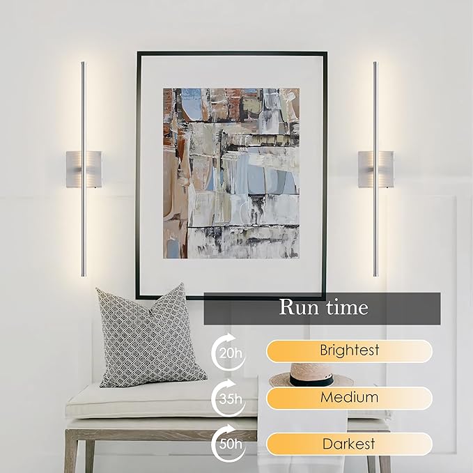 Battery Operated Wall Sconces with Remote Control, Dimmable Wall Sconces Set of Two, 350°Rotate, 3000K LED Nickel Wireless Wall Light for Living Room, Hallway, Bedroom, 32.2 Inch (2 Pack)