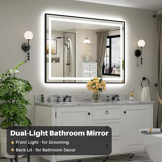55x40 Inch LED Bathroom Mirror with Black Frame, Backlit & Front Lit, Anti-Fog Lighted Bathroom Vanity Mirror for Wall, Memory Function, Dimmable, HD Tempered Glass, Shatter-Proof