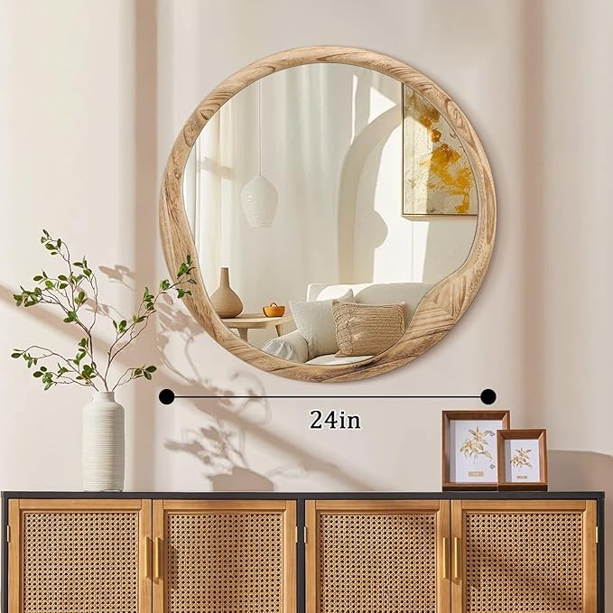 AOAOPQ Wooden Wall Mirror for Bathroom Rustic Farmhouse Vanity Mirror Décor Wall Art Solid Wood Frame Hanging 24 inch Beige